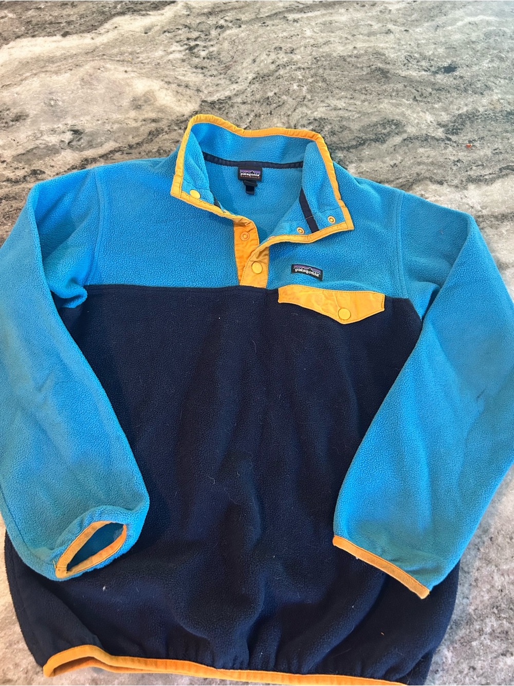 Patagonia youth large Colorblock Fleece Pullover - Blue & Navy with Yellow Trim